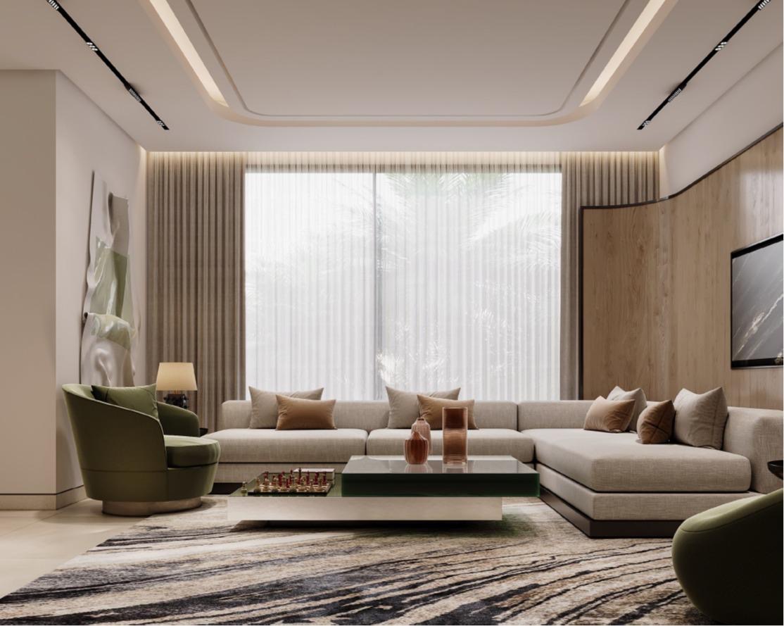 تصميم داخلي لصالة معيشة فاخرة بإضاءة معمارية وأثاث عصري، من أعمال شركة التميز للحلول الرقمية